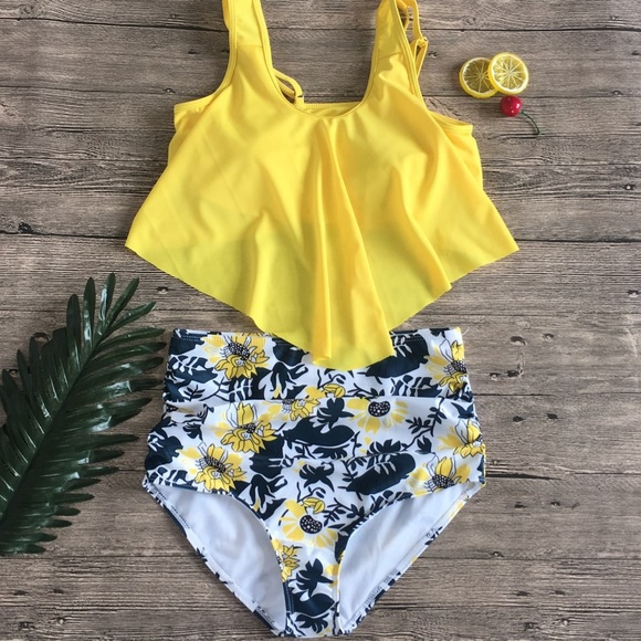 ♦️🆕Leaf Print Two Pieces Swimwear Yellow - Picture 2 of 5